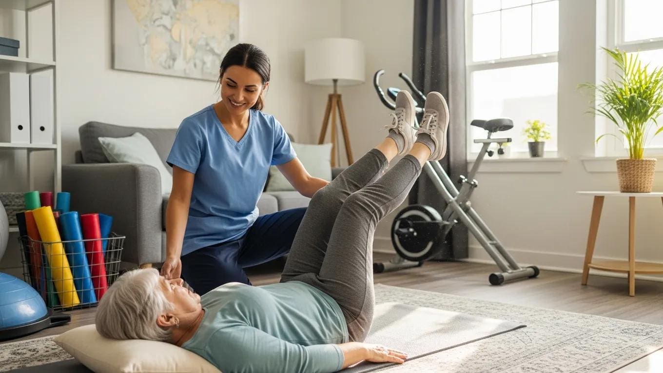 Physical therapist guiding patient through rehabilitation exercises in a home setting
