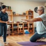 Physical therapist assisting senior man with home exercise routine for improved mobility and health management.