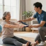 Physical therapist assisting senior woman with resistance band exercises at home, emphasizing personalized care and recovery in familiar environment.