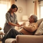 Home health care provider assisting elderly man with post-surgical wound care in a comfortable living room setting.