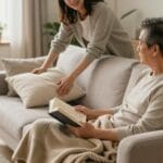 Caregiver assisting elderly man at home with comfort items, emphasizing personalized post-surgical care and recovery.