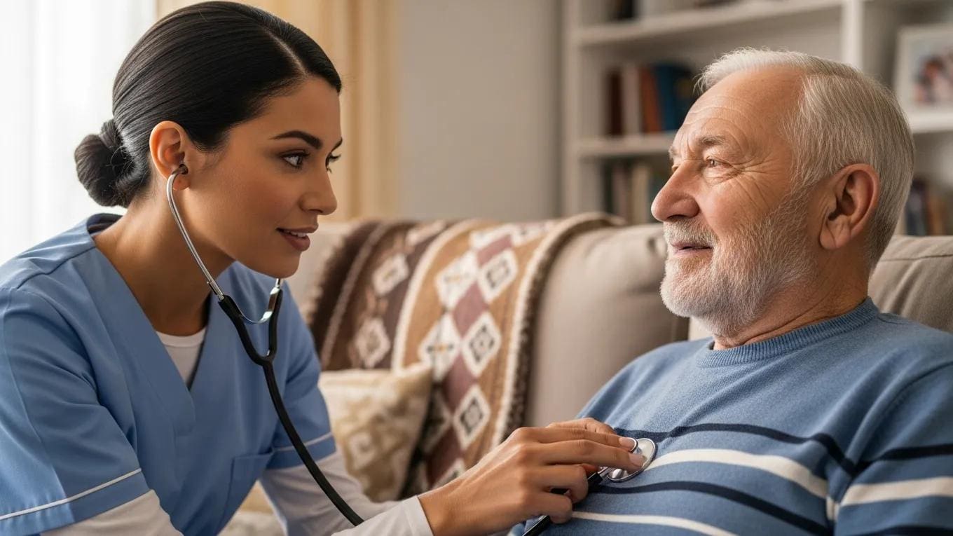 Registered nurse conducting a health assessment on an elderly male patient at home, using a stethoscope during a nursing visit for skilled in-home care.
