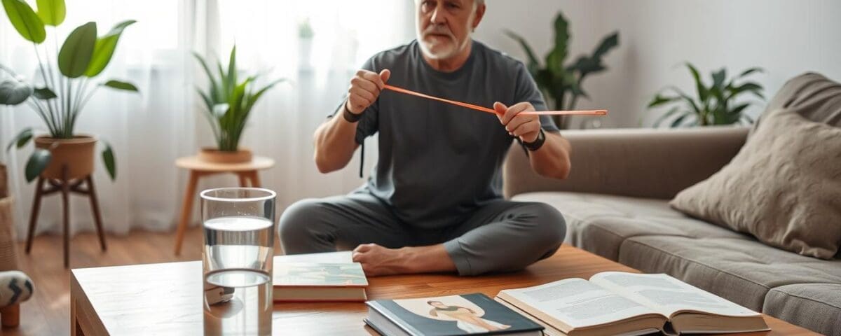 Man performing rehabilitation exercises at home in San Antonio, promoting independence and recovery.