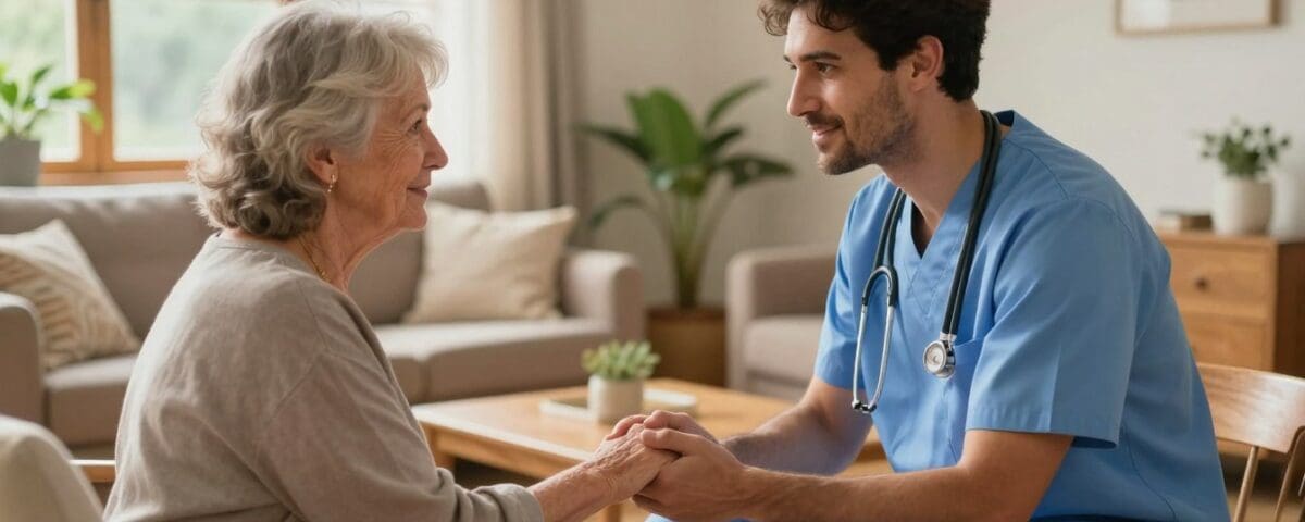 Senior woman interacting with a male caregiver in scrubs, emphasizing in-home health care and support for senior independence.