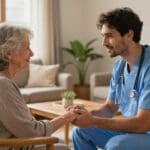 Senior woman interacting with a male caregiver in scrubs, emphasizing in-home health care and support for senior independence.