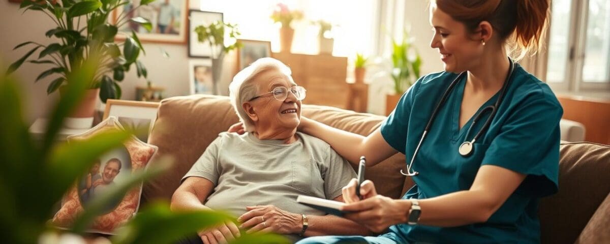 Nurse providing skilled nursing care to elderly patient at home, emphasizing personalized medical attention and comfort in a cozy living room setting.
