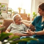 Skilled nursing care at home, nurse interacting with elderly patient, personalized support, recovery after surgery, compassionate care environment.