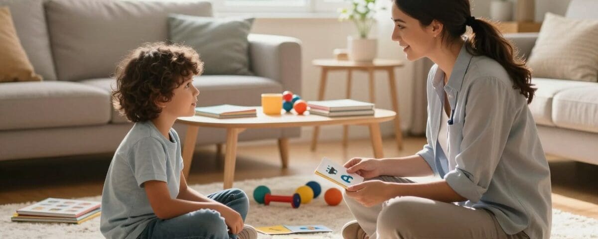 Child engaging in speech therapy session with a therapist at home, using flashcards and toys in a cozy living room setting.