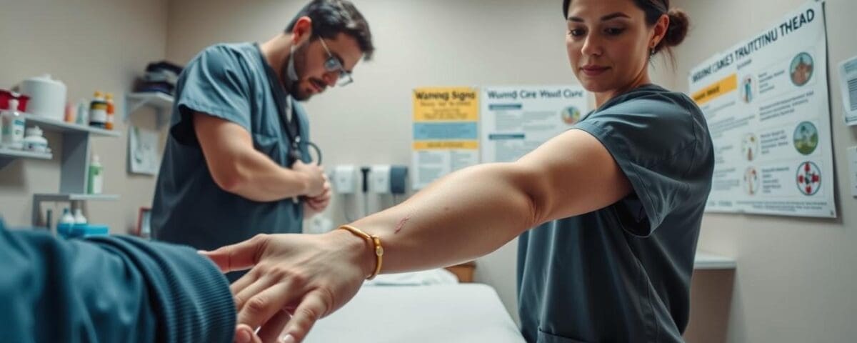 Medical professionals assessing a patient's arm with a wound in a clinical setting, emphasizing wound care services in San Antonio.