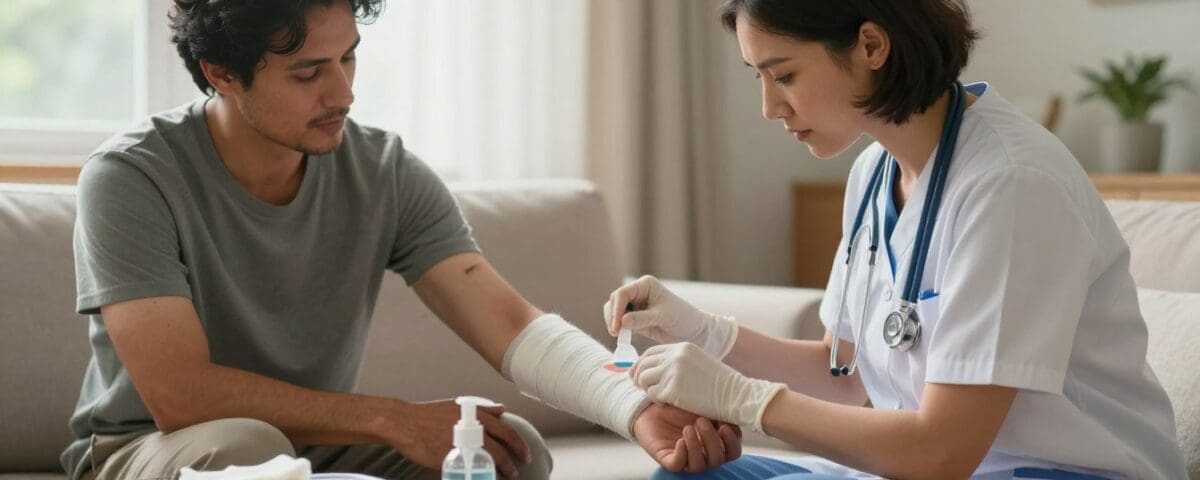 Nurse providing professional wound care to a male patient at home, emphasizing personalized post-surgical support and recovery in a comfortable environment.