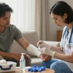 Nurse providing professional wound care to a male patient at home, emphasizing personalized post-surgical support and recovery in a comfortable environment.