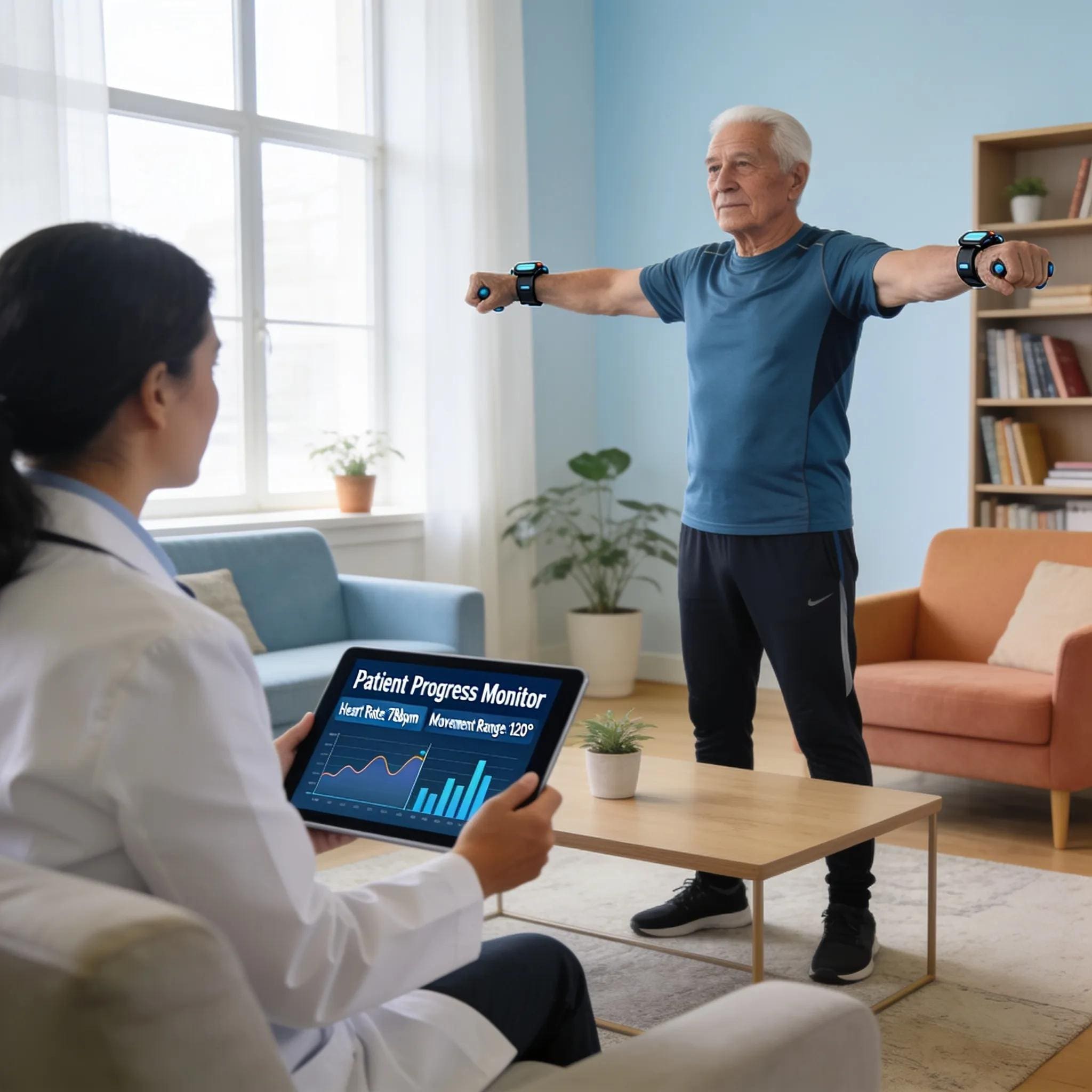 Man performing rehabilitation exercises with therapist and wearable sensors, monitoring patient progress on tablet.