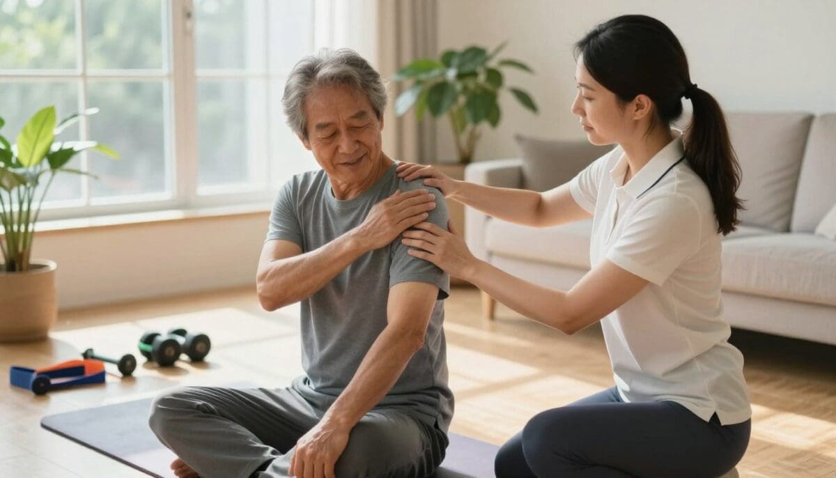 Physical therapist assisting senior in bright living room, promoting healing and regaining independence at home.