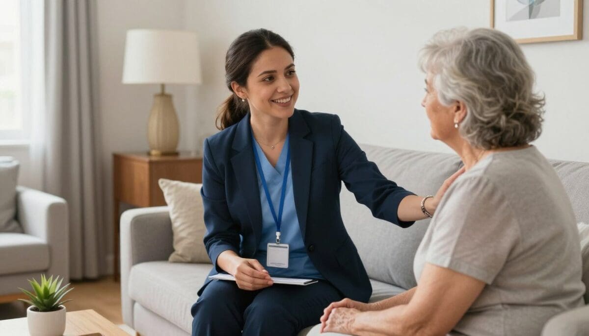 A bright and high-quality photo of a professional caregiver in a tidy home setting, smiling while talking with an elderly woman, reflecting a sense of safety and professional support in San Antonio. A bright and high-quality photo of a professional caregiver in a tidy home setting, smiling while talking with an elderly woman, reflecting a sense of safety and professional support in San Antonio.