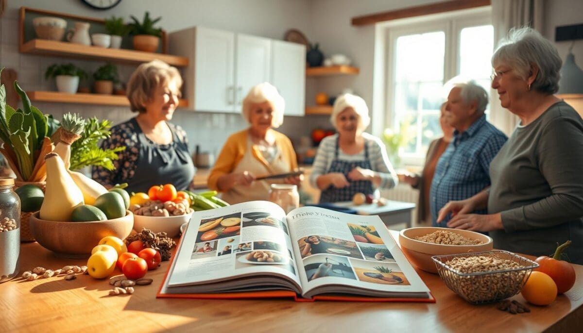Seniors in a bright kitchen preparing healthy food and reviewing a cookbook for nutritional guidance.