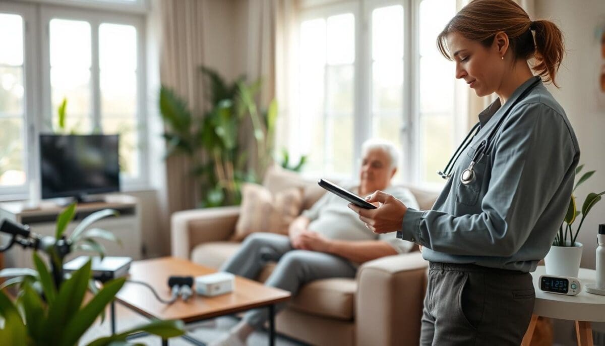 Home health nurse monitoring patient recovery and vital signs in a serene living room environment.