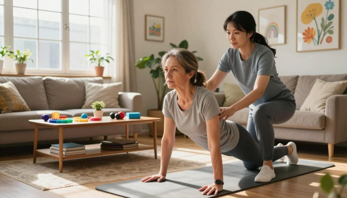 A bright, inviting living room setting showcasing occupational therapy exercises at home. In the foreground, a middle-aged woman in comfortable, modest athletic wear is practicing a balancing exercise on a soft yoga mat, her expression focused and determined. Nearby, an occupational therapist, dressed in professional attire, assists her with supportive guidance. In the middle ground, a coffee table is cluttered with various therapy tools like resistance bands and sensory objects. The background features a large window with natural sunlight pouring in, illuminating houseplants and cheerful artwork on the walls. The atmosphere exudes empowerment and positivity, highlighting the transformative impact of occupational therapy in a warm, homey space. The lens captures a warm ambiance, emphasizing the connection between the therapist and the patient.