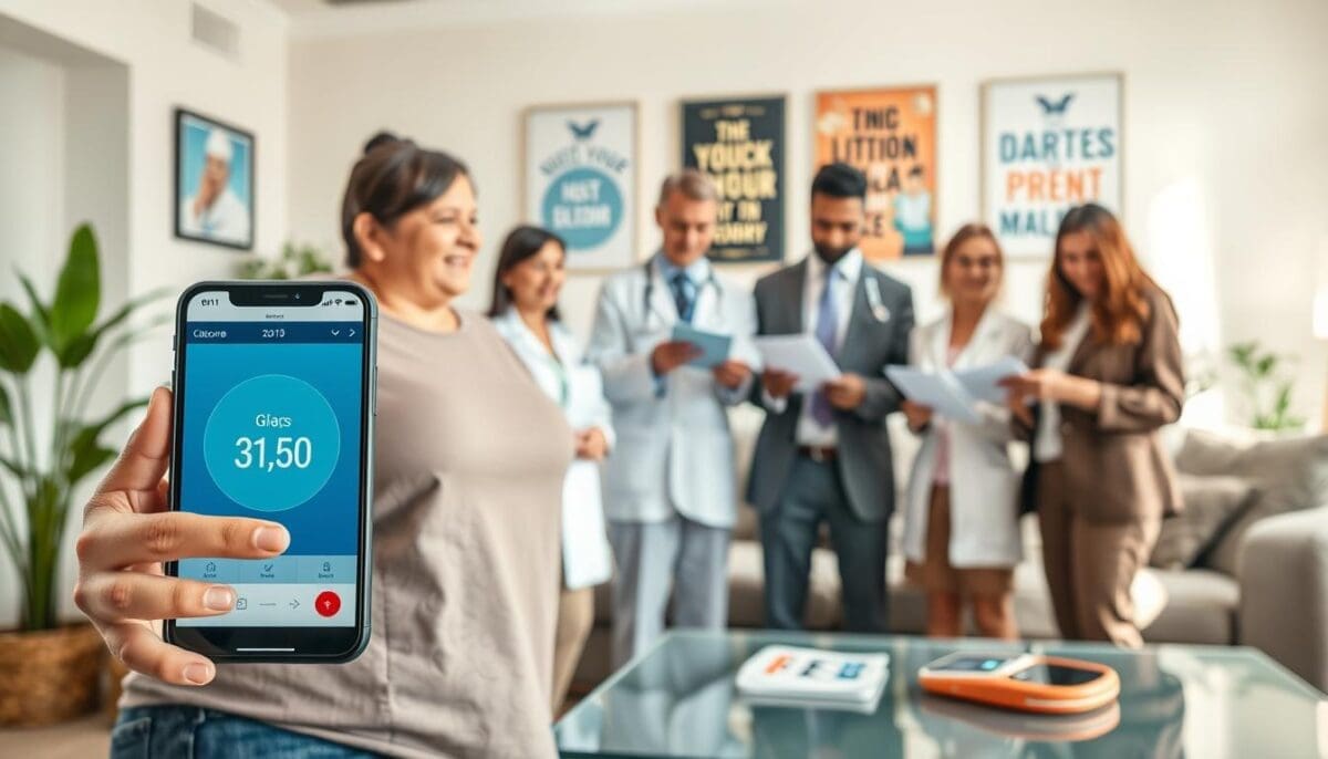 Home healthcare professional showing patient diabetes data on smartphone, supporting proactive care and communication.