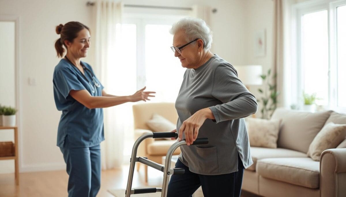 A bright, well-lit home setting, showcasing a post-operative nursing scene. In the foreground, a compassionate nurse in professional scrubs gently assists an elderly patient in a modest outfit, as they practice walking with the help of a walker. The nurse is demonstrating guidance and support, showcasing a caring demeanor. In the middle ground, a cozy living room with a comfortable chair and supportive pillows creates a warm atmosphere. Light filters through the window, illuminating the space with a soft glow. The background features subtle elements of homey decor, emphasizing a safe and recovery-friendly environment. The overall mood conveys hope, care, and encouragement, highlighting the essential role of nursing in post-surgical mobility and rehabilitation.