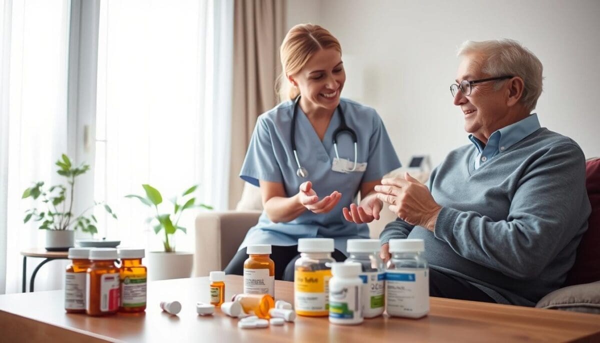 Caring nurse assisting elderly patient with medication management at home, supporting diabetes care plan.