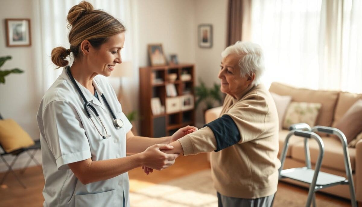 Compassionate nurse providing in-home nursing care and support to a senior in San Antonio.