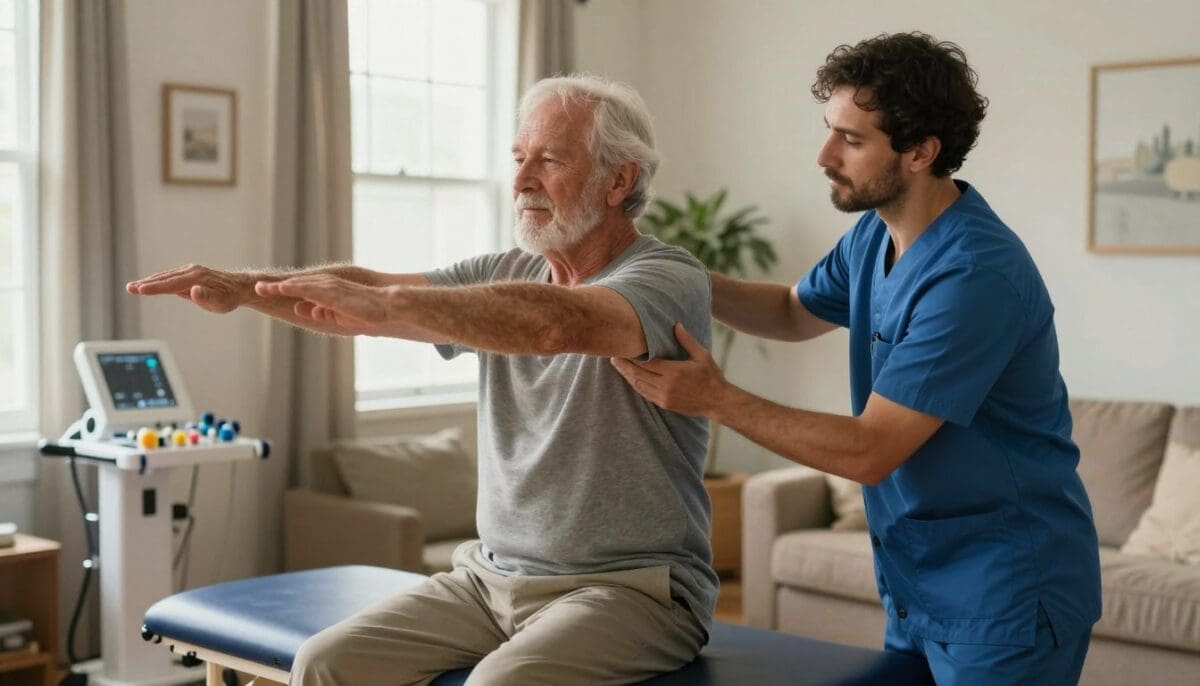 Compassionate physical therapist assisting senior patient with mobility exercises at home.