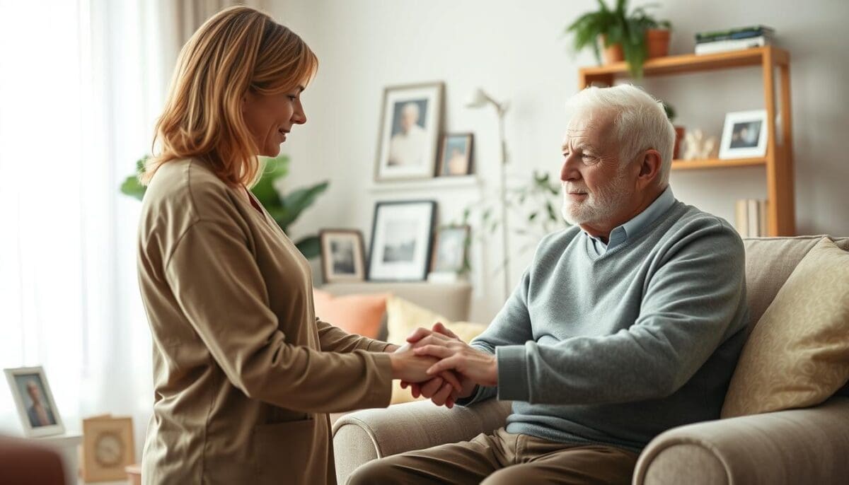 Compassionate caregiver providing emotional support and psychological well-being to a senior with dementia.