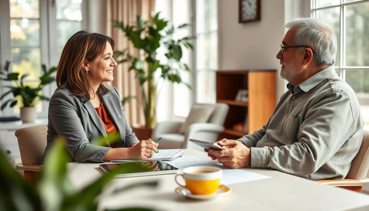 A cozy and inviting home office setting features a compassionate caregiver and a senior client engaging in a personalized care plan discussion. In the foreground, the caregiver, a middle-aged woman in professional business attire, is attentively listening to the elderly man, who is wearing modest casual clothing. The middle ground showcases a table filled with documents, tablets, and a cup of tea, reflecting the personalized approach to care. In the background, large windows provide natural light, illuminating the room and creating a warm atmosphere. Soft-focused plants add a touch of tranquility, while gentle, diffused lighting enhances a sense of comfort and professionalism, illustrating the core values of senior support services tailored to individual needs.