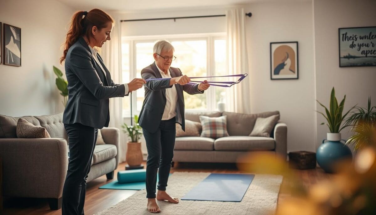 A cozy in-home rehabilitation setting, featuring a dedicated physical therapist assisting an older adult in a comfortable living room. In the foreground, the therapist, dressed in professional business attire, guides the client through an exercise with a resistance band, showcasing personalized attention. The middle ground includes fitness equipment like mats and light weights, indicating a tailored approach to therapy. In the background, warm, natural light streams through a window, creating a calming atmosphere. Decorative plants and inspiring art adorn the walls, enhancing the sense of recovery and hope. The overall mood is supportive and positive, reflecting the benefits of in-home rehabilitation therapy with a focus on individual care and progress. Soft focus on the edges to draw attention to the interaction in the center. A cozy in-home rehabilitation setting, featuring a dedicated physical therapist assisting an older adult in a comfortable living room. In the foreground, the therapist, dressed in professional business attire, guides the client through an exercise with a resistance band, showcasing personalized attention. The middle ground includes fitness equipment like mats and light weights, indicating a tailored approach to therapy. In the background, warm, natural light streams through a window, creating a calming atmosphere. Decorative plants and inspiring art adorn the walls, enhancing the sense of recovery and hope. The overall mood is supportive and positive, reflecting the benefits of in-home rehabilitation therapy with a focus on individual care and progress. Soft focus on the edges to draw attention to the interaction in the center.