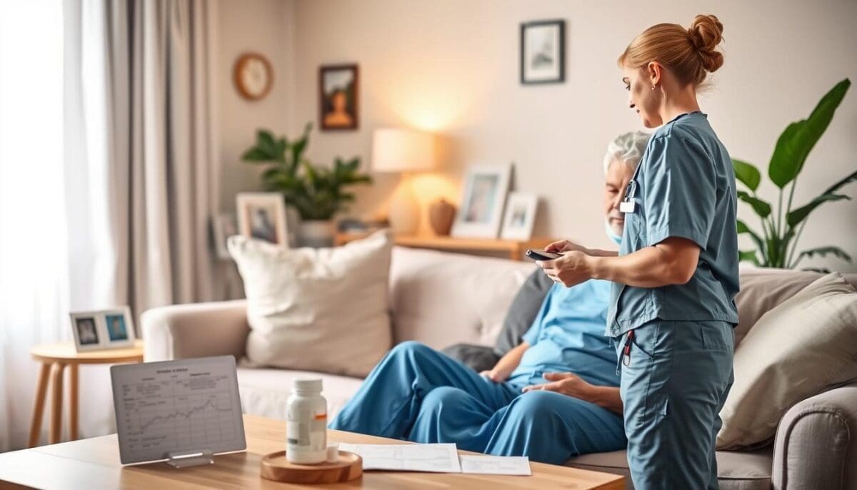 A cozy, well-lit home setting focused on a patient in a recovery area post-surgery, sitting comfortably on a soft sofa with light-colored throw pillows. In the foreground, a caring nurse, dressed in professional scrubs, attentively checks the patient’s vital signs with a digital monitor. In the middle ground, a table with medication and a chart indicating care plans is visible. The background features warm lighting from a window, with soft curtains, plants, and family photographs creating a welcoming atmosphere. The scene should convey a sense of support and coordination, highlighting the teamwork involved in postoperative care, with a calm and reassuring mood emphasized by soft shadows and a bright but soothing color palette.