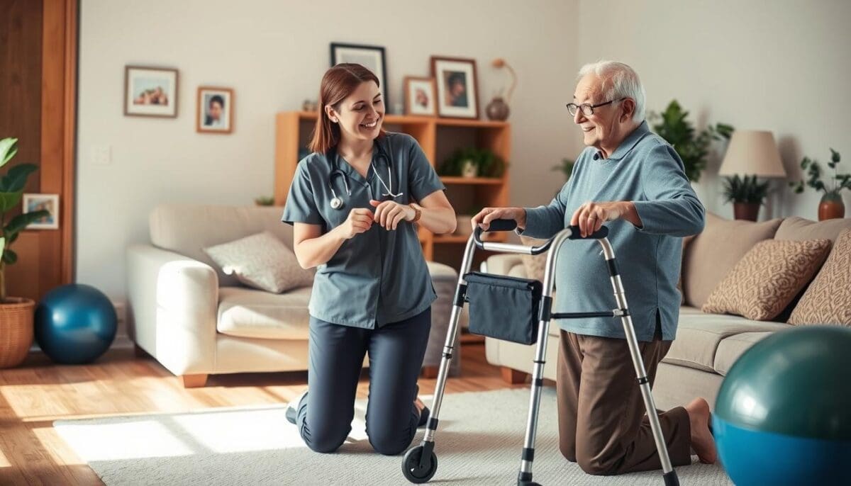 Healthcare professional assisting senior with walker in a cozy living room setting, therapy services at home.