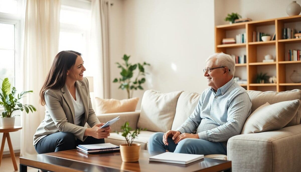 A cozy, well-lit living room setting that conveys warmth and comfort, designed to represent in-home therapy services in San Antonio. In the foreground, a professional therapist in smart casual attire engages attentively with a middle-aged client seated on a comfortable sofa, both smiling and fostering a positive interaction. A coffee table with therapy materials, such as notebooks and a plant, adds an element of personalization. In the middle ground, soft natural light filters through large windows adorned with light curtains, creating an inviting atmosphere. The background features a well-decorated bookshelf filled with books and a small indoor plant, enhancing the feeling of a supportive home environment. Overall, the scene evokes a sense of tranquility, support, and personalized care, suitable for recovery. A cozy, well-lit living room setting that conveys warmth and comfort, designed to represent in-home therapy services in San Antonio. In the foreground, a professional therapist in smart casual attire engages attentively with a middle-aged client seated on a comfortable sofa, both smiling and fostering a positive interaction. A coffee table with therapy materials, such as notebooks and a plant, adds an element of personalization. In the middle ground, soft natural light filters through large windows adorned with light curtains, creating an inviting atmosphere. The background features a well-decorated bookshelf filled with books and a small indoor plant, enhancing the feeling of a supportive home environment. Overall, the scene evokes a sense of tranquility, support, and personalized care, suitable for recovery.