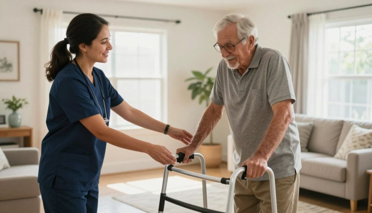 A friendly female occupational therapist in professional attire assisting a senior man with mobility exercises inside a bright, sunlit San Antonio suburban home. The scene is warm, professional, and focuses on home safety equipment like a walker and grab bars. High-quality, photorealistic style.