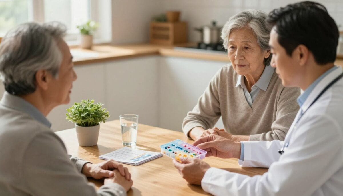 Healthcare professional providing medication management to senior patient at home.
