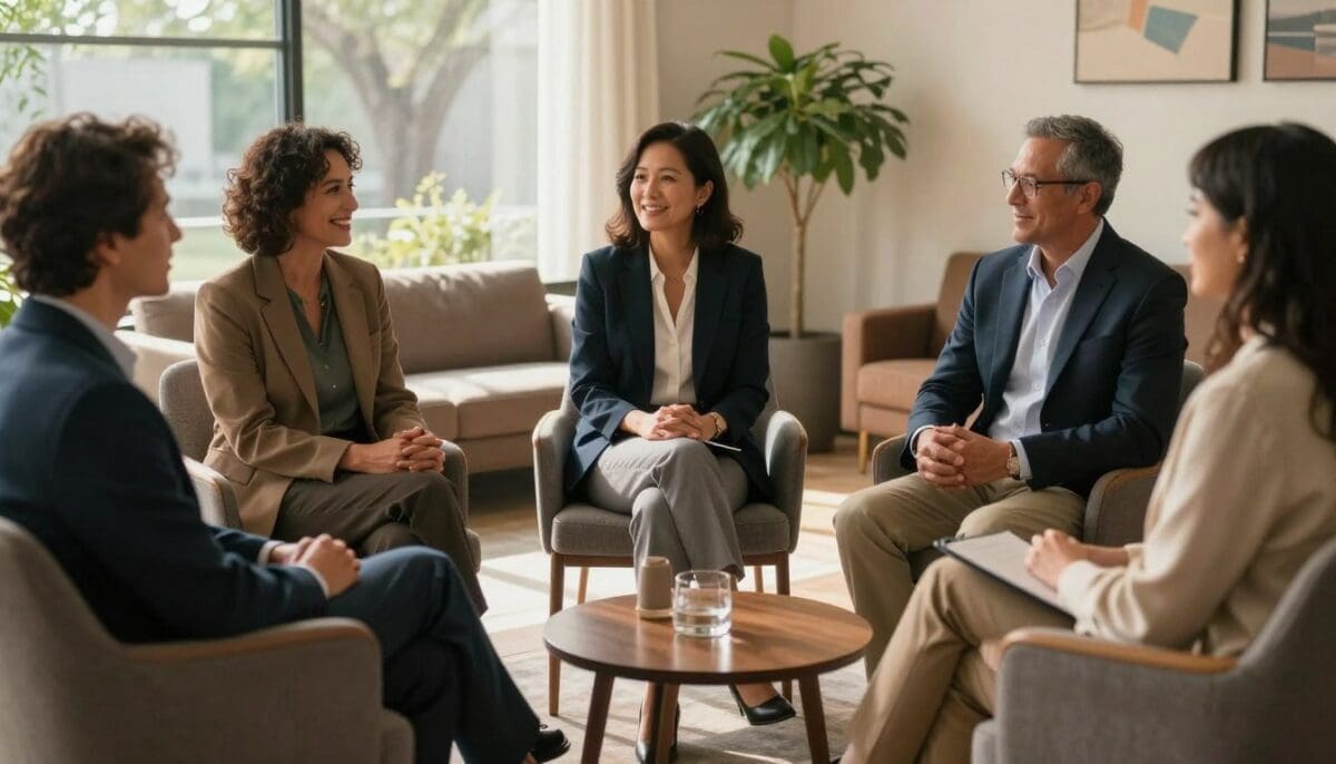 A high-quality, realistic image of a diverse group of adults sitting in a sunlit, comfortable community room in San Antonio, Texas, engaging in a supportive conversation with warm expressions, cinematic lighting. A high-quality, realistic image of a diverse group of adults sitting in a sunlit, comfortable community room in San Antonio, Texas, engaging in a supportive conversation with warm expressions, cinematic lighting.