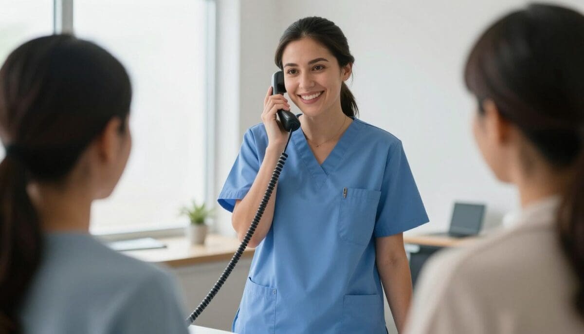 Friendly female physical therapist in scrubs discussing home physical therapy services and doctor orders.