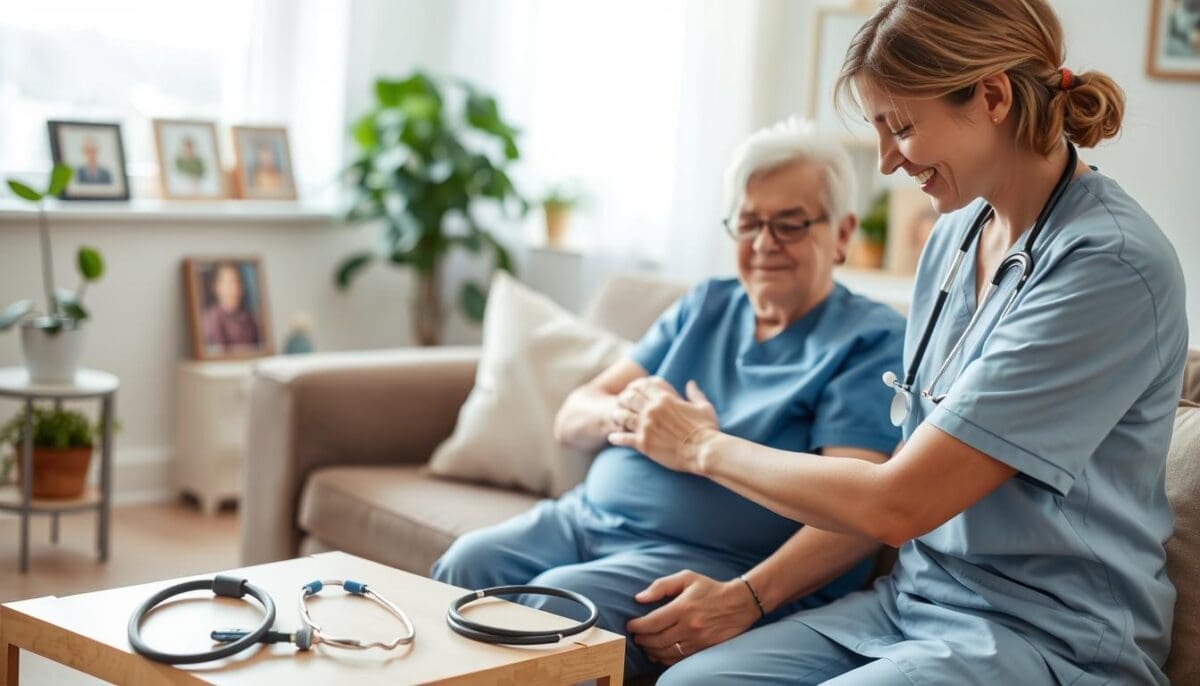 A home health nurse, dressed in professional scrubs, is attentively caring for a senior patient sitting comfortably in a cozy living room. The foreground features a stethoscope and medical equipment on a small table, emphasizing the clinical aspect of home care. In the middle ground, the nurse is smiling, gently checking the patient's vitals, conveying a sense of trust and compassion. The background showcases a bright, well-lit room with plants and personal photographs, enhancing the warmth of the home environment. Soft, natural light filters in through a window, creating an inviting atmosphere. The overall mood is supportive and reassuring, illustrating the benefits of in-home medical care for patient recovery. A home health nurse, dressed in professional scrubs, is attentively caring for a senior patient sitting comfortably in a cozy living room. The foreground features a stethoscope and medical equipment on a small table, emphasizing the clinical aspect of home care. In the middle ground, the nurse is smiling, gently checking the patient's vitals, conveying a sense of trust and compassion. The background showcases a bright, well-lit room with plants and personal photographs, enhancing the warmth of the home environment. Soft, natural light filters in through a window, creating an inviting atmosphere. The overall mood is supportive and reassuring, illustrating the benefits of in-home medical care for patient recovery.