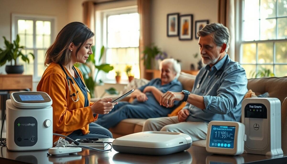 Home health care professional using technology with patient in San Antonio, monitoring vital signs for hospital readmission prevention.