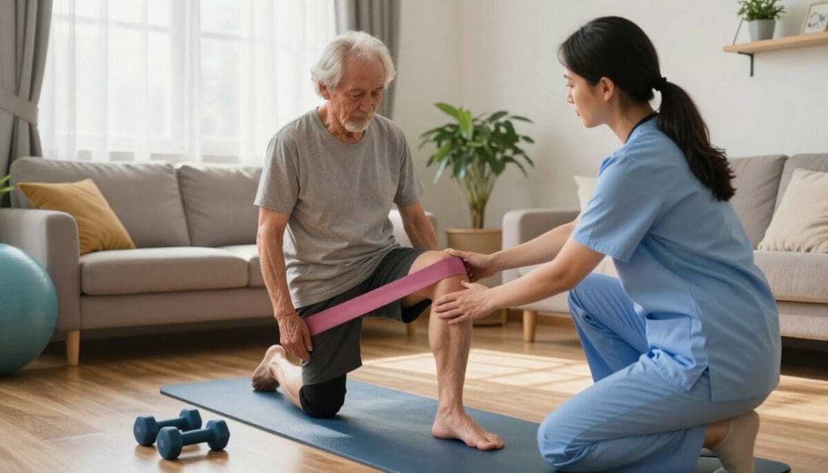 Physical therapist assisting senior with leg exercise in a cozy home living room.