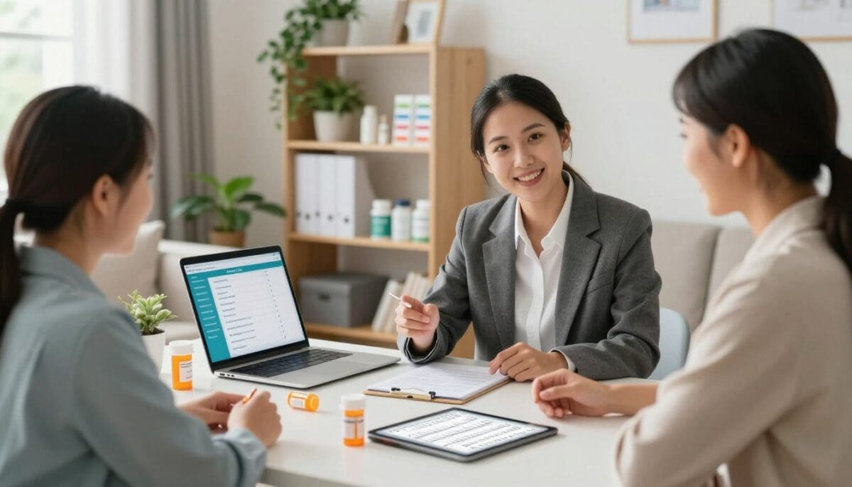 Professional medication management consultation in a bright home office setting with prescriptions and laptop.