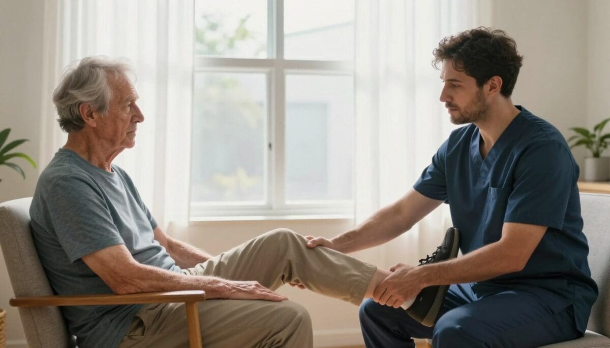 A professional physical therapist in a San Antonio home helping an elderly patient perform leg exercises while sitting in a comfortable chair, bright natural light, realistic style.