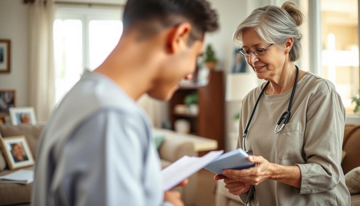 Caregiver and elderly woman reviewing documents in a supportive home environment.