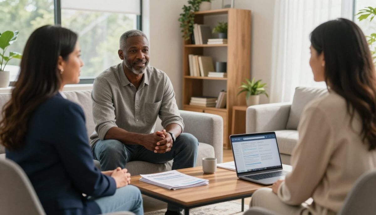A serene counseling session set in a well-lit, welcoming office in San Antonio. In the foreground, a compassionate counselor, a Hispanic woman in a professional attire, sits across from a middle-aged caregiver, a Black man in modest casual clothing, both engaged in deep conversation. The middle of the scene shows a coffee table with pamphlets about financial assistance and benefits, and a laptop open with relevant resources. In the background, shelves lined with books and plants create a warm, inviting atmosphere. Natural light streams in through large windows, casting soft shadows that enhance the feeling of support and understanding. The overall mood is uplifting and professional, embodying the commitment to helping caregivers navigate their challenges. A serene counseling session set in a well-lit, welcoming office in San Antonio. In the foreground, a compassionate counselor, a Hispanic woman in a professional attire, sits across from a middle-aged caregiver, a Black man in modest casual clothing, both engaged in deep conversation. The middle of the scene shows a coffee table with pamphlets about financial assistance and benefits, and a laptop open with relevant resources. In the background, shelves lined with books and plants create a warm, inviting atmosphere. Natural light streams in through large windows, casting soft shadows that enhance the feeling of support and understanding. The overall mood is uplifting and professional, embodying the commitment to helping caregivers navigate their challenges.