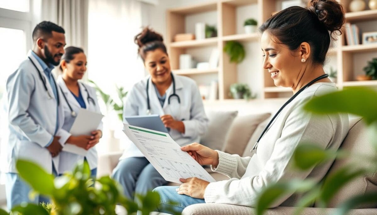 Home healthcare team reviewing personalized care plan with patient in a serene home environment.