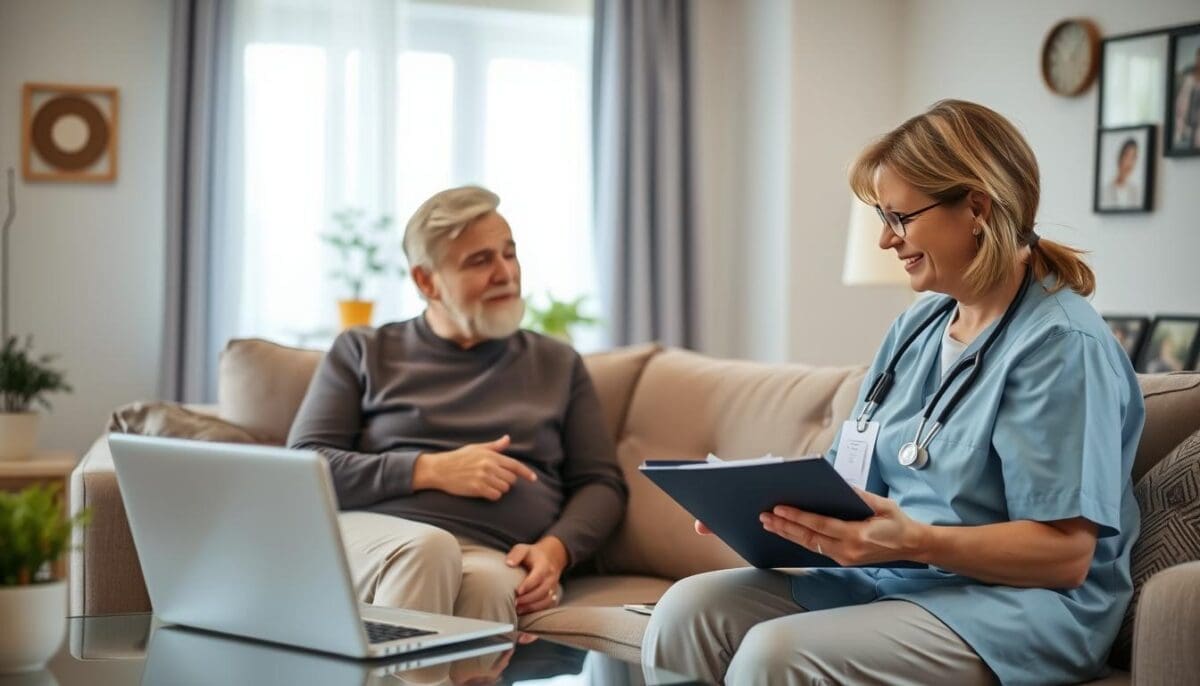 A serene home setting with a light, airy atmosphere. In the foreground, a compassionate home health nurse in professional attire, holding a clipboard, engages with a middle-aged patient seated comfortably on a couch. The patient appears hopeful, reflecting a sense of trust and open communication. In the middle background, a window allows soft natural light to stream in, enhancing the warm, inviting vibe. On a table nearby, a laptop displays a video call with a doctor, symbolizing coordinated care. The walls are adorned with family photos, presenting a sense of familiarity and support. The overall mood is one of collaboration and empathy, emphasizing the essential role of home health nurses in fostering recovery and communication between healthcare providers and families. A serene home setting with a light, airy atmosphere. In the foreground, a compassionate home health nurse in professional attire, holding a clipboard, engages with a middle-aged patient seated comfortably on a couch. The patient appears hopeful, reflecting a sense of trust and open communication. In the middle background, a window allows soft natural light to stream in, enhancing the warm, inviting vibe. On a table nearby, a laptop displays a video call with a doctor, symbolizing coordinated care. The walls are adorned with family photos, presenting a sense of familiarity and support. The overall mood is one of collaboration and empathy, emphasizing the essential role of home health nurses in fostering recovery and communication between healthcare providers and families.