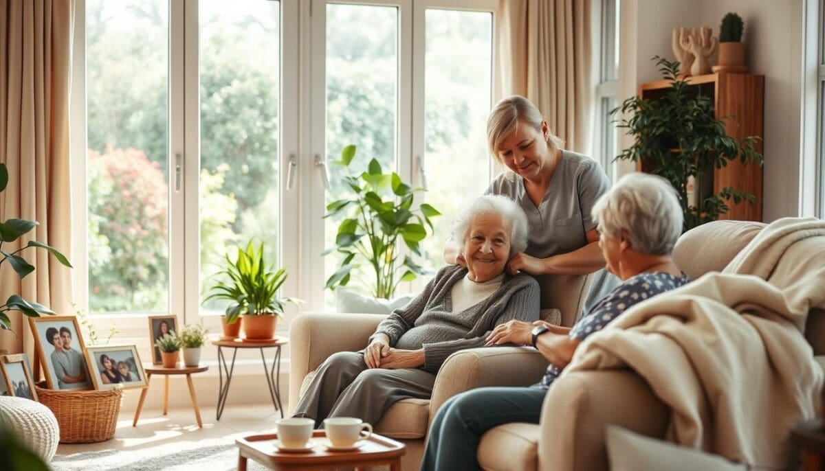 Serene home care setting with caregiver and elderly woman, promoting comfort and emotional stability.