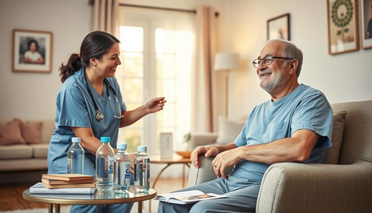 A serene scene depicting senior recovery care in a cozy living room in San Antonio. In the foreground, a compassionate healthcare worker, dressed in professional scrubs, is assisting a smiling elderly man in a comfortable armchair, surrounded by light pastel decor. In the middle ground, a small table holds recovery tools like therapy books and hydration bottles, with a warm, sunny window illuminating the space. In the background, a soft couch adorned with throw pillows is visible, creating an inviting atmosphere. The lighting is warm and soft, evoking comfort and healing, while a gentle breeze from the open window adds a sense of tranquility. The overall mood is supportive and nurturing, reflecting the importance of recovery at home. Senior recovery care in San Antonio: Nurse assisting elderly man in cozy living room setting.