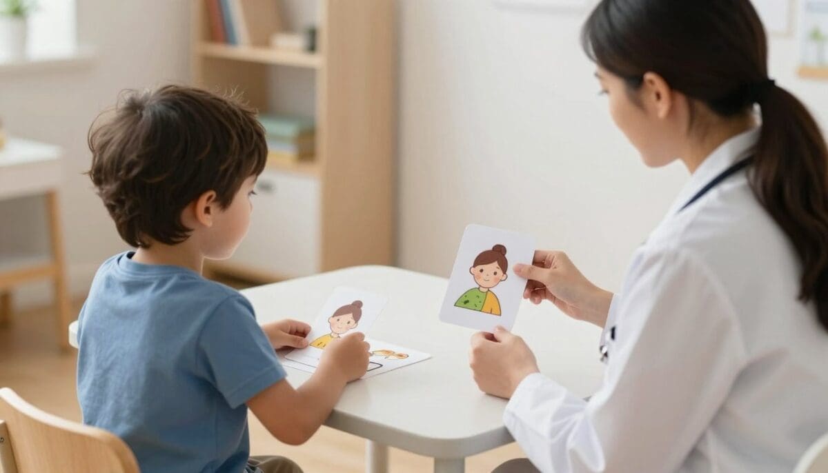 A speech therapist sitting at a small table with a young child, using picture cards to practice speech and language, warm and encouraging atmosphere.