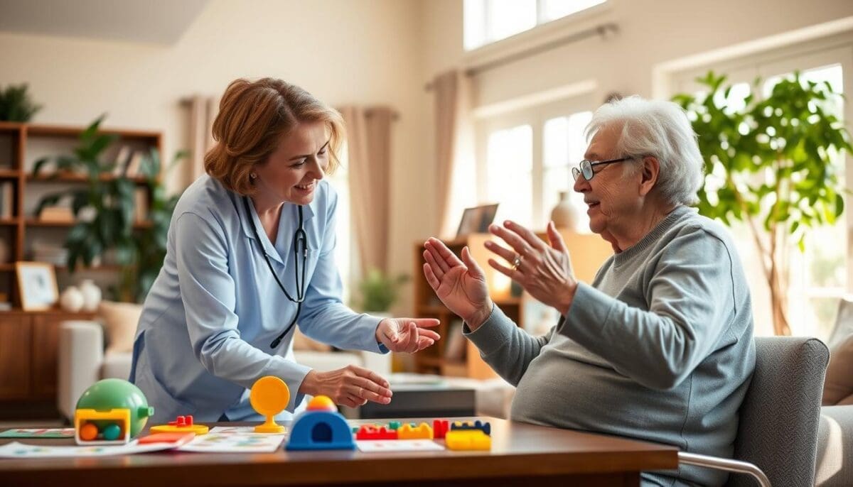 Caring occupational therapist assisting stroke survivor with communication exercises in a home rehabilitation setting.