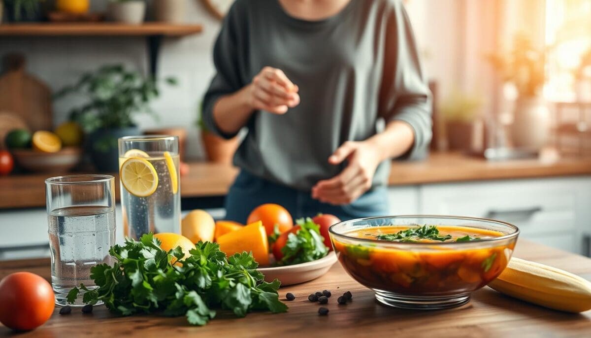 A warm and inviting kitchen scene that emphasizes nutritional support and hydration during recovery. In the foreground, a wooden table is adorned with colorful, healthy foods, such as fresh fruits, leafy greens, and a large bowl of hearty soup, depicting a balanced meal. Beside it, a tall glass filled with water and a lemon slice radiates freshness. In the middle ground, a person in modest casual clothing is gently preparing a nutritious dish, showcasing care and dedication to their recovery. The background features soft, natural lighting filtering through a window, casting a warm glow on the scene. A few plants and cooking utensils add to the homey atmosphere, promoting a sense of comfort and wellness. The overall mood is serene and restorative, reflecting the importance of nutrition and hydration for healing. Nutritional support and hydration in a warm kitchen setting during senior recovery.